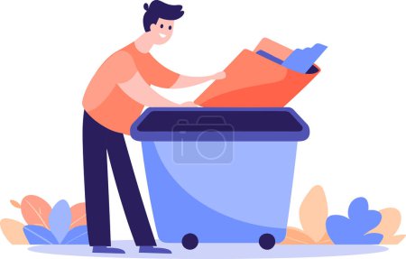 Ilustración de Dibujado a mano hombre con la papelera de reciclaje en estilo plano aislado sobre fondo - Imagen libre de derechos