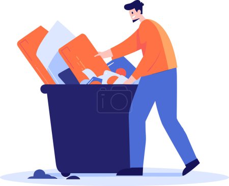 Illustration for Hand Drawn man with recycling bin in flat style isolated on background - Royalty Free Image
