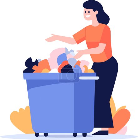 Illustration for Hand Drawn woman with recycling bin in flat style isolated on background - Royalty Free Image