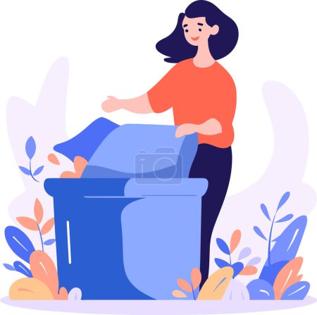 Ilustración de Mujer dibujada a mano con papelera de reciclaje en estilo plano aislado sobre fondo - Imagen libre de derechos