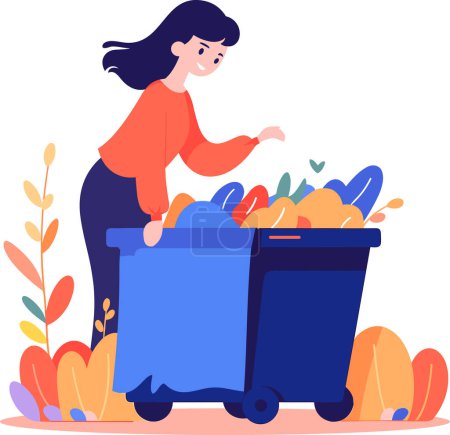 Téléchargez les illustrations : Femme dessinée à la main avec bac de recyclage dans un style plat isolé sur fond - en licence libre de droit