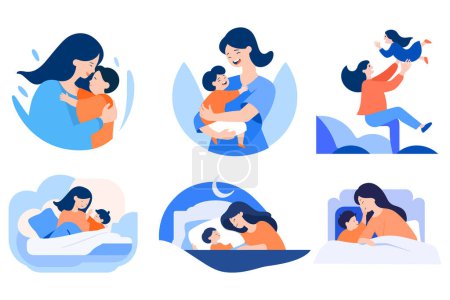 Téléchargez les illustrations : Main dessinée Mère serrant son enfant heureux dans un style plat isolé sur fond - en licence libre de droit