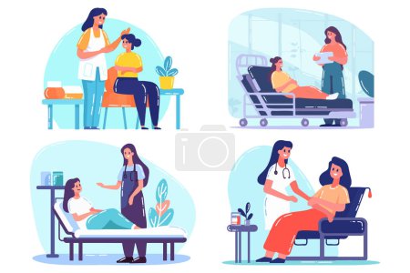 Ilustración de Médico dibujado a mano hablando con el paciente en el hospital en estilo plano aislado en el fondo - Imagen libre de derechos