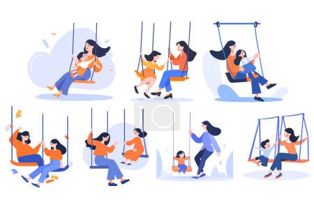 Illustration for Hand Drawn mother playing on swings with child in flat style isolated on background - Royalty Free Image