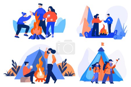 Illustration for Hand Drawn Tourists with campfire in flat style isolated on background - Royalty Free Image