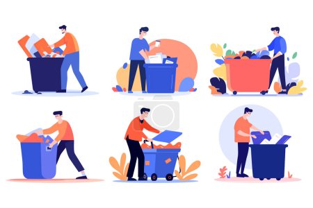 Illustration for Hand Drawn man with recycling bin in flat style isolated on background - Royalty Free Image