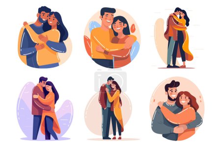 Téléchargez les illustrations : Main dessiné heureux couple embrassant dans plat style isolé sur fond - en licence libre de droit