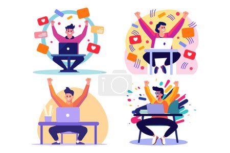 Illustration for Hand Drawn Office workers are happy to finish their work in flat style isolated on background - Royalty Free Image