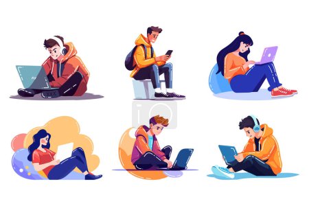 Illustration for Hand Drawn teenage boy sitting and playing mobile phones and laptops in flat style isolated on background - Royalty Free Image
