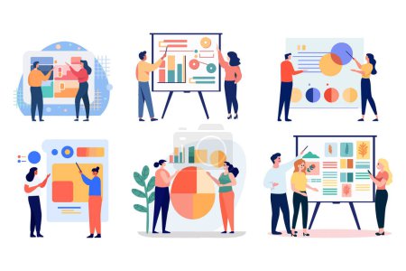 Illustration for Hand Drawn Group of business people with presentations in flat style isolated on background - Royalty Free Image