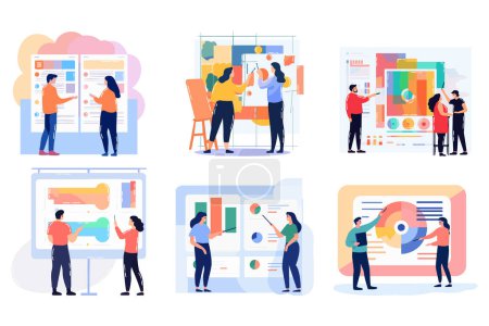 Illustration for Hand Drawn Group of business people with presentations in flat style isolated on background - Royalty Free Image