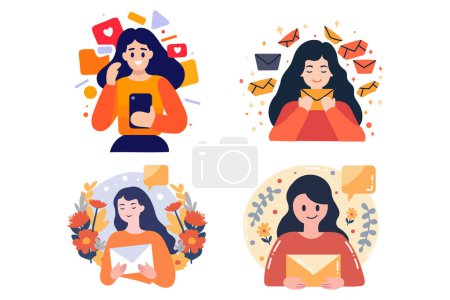 Téléchargez les illustrations : Main dessinée femme heureuse avec des enveloppes dans un style plat isolé sur fond - en licence libre de droit