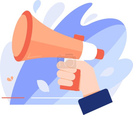 Illustration for Hand holding a megaphone for advertising in UX UI flat style isolated on background - Royalty Free Image