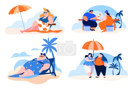 Ilustración de Turistas con sobrepeso dibujados a mano relajándose junto al mar de vacaciones en estilo plano aislado en el fondo - Imagen libre de derechos