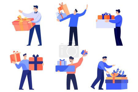 Illustration for Hand Drawn man with gift in the concept of gift giving in flat style isolated on background - Royalty Free Image