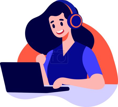 Illustration for Hand Drawn Office worker with headphones in concept Support Center in flat style isolated on background - Royalty Free Image
