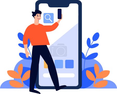 Illustration for Hand Drawn Businessman with smartphone in online marketing concept in flat style isolated on background - Royalty Free Image