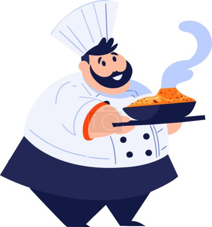 Téléchargez les illustrations : Dessiné à la main Chef en surpoids cuisine dans un style plat isolé sur fond - en licence libre de droit