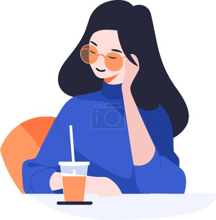 Téléchargez les illustrations : Main dessinée employée de bureau se détendre tout en buvant du café dans un style plat isolé sur fond - en licence libre de droit