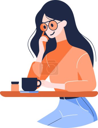 Ilustración de Trabajadora de oficina dibujada a mano relajándose mientras bebe café en estilo plano aislado en el fondo - Imagen libre de derechos