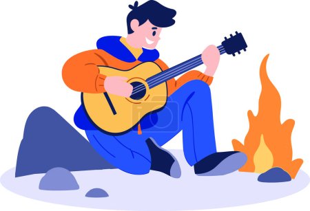 Téléchargez les illustrations : Musicien masculin dessiné à la main jouant de la guitare acoustique dans un style plat isolé sur fond - en licence libre de droit