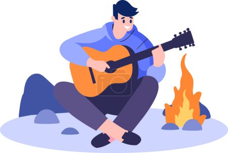 Téléchargez les illustrations : Musicien masculin dessiné à la main jouant de la guitare acoustique dans un style plat isolé sur fond - en licence libre de droit