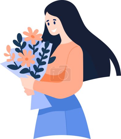 Téléchargez les illustrations : Femme dessinée à la main avec des fleurs dans le concept de Journée de la femme dans le style plat isolé sur fond - en licence libre de droit