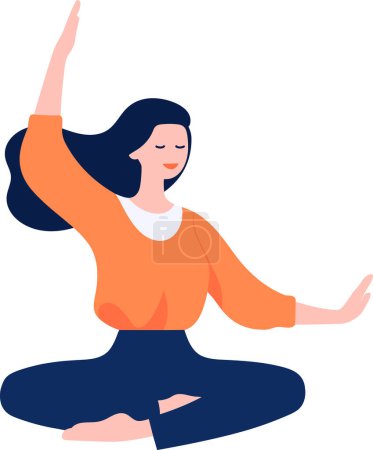 Ilustración de Personaje femenino dibujado a mano haciendo yoga o meditando en estilo plano aislado sobre fondo - Imagen libre de derechos