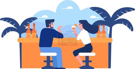 Téléchargez les illustrations : Couple dessiné à la main prenant un verre dans un bar au bord de la mer dans un style plat isolé sur fond - en licence libre de droit
