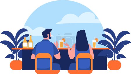 Illustration for Hand Drawn couple having a drink at a bar by the sea in flat style isolated on background - Royalty Free Image