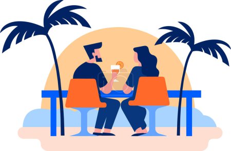 Illustration for Hand Drawn couple having a drink at a bar by the sea in flat style isolated on background - Royalty Free Image