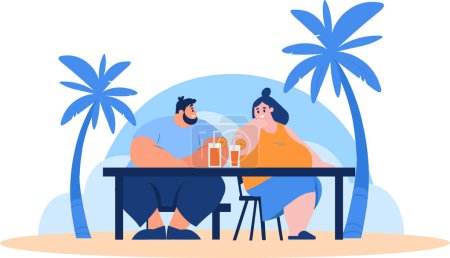 Téléchargez les illustrations : Main dessinée Couple en surpoids prenant un verre dans un bar au bord de la mer dans un style plat isolé sur fond - en licence libre de droit