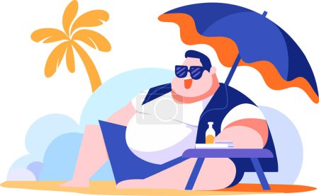 Ilustración de Turistas con sobrepeso dibujados a mano relajándose junto al mar de vacaciones en estilo plano aislado en el fondo - Imagen libre de derechos