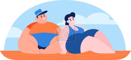 Illustration for Hand Drawn overweight Tourists relaxing by the sea on vacation in flat style isolated on background - Royalty Free Image