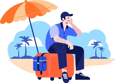 Ilustración de Turistas dibujados a mano relajándose junto al mar de vacaciones en estilo plano aislado en el fondo - Imagen libre de derechos