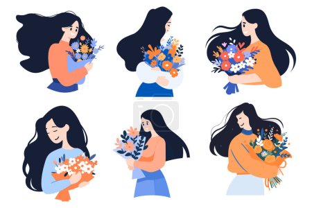 Téléchargez les illustrations : Femme dessinée à la main avec des fleurs dans le concept de Journée de la femme dans le style plat isolé sur fond - en licence libre de droit