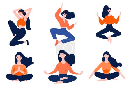 Téléchargez les illustrations : Personnage féminin dessiné à la main faisant du yoga ou méditant dans un style plat isolé sur fond - en licence libre de droit
