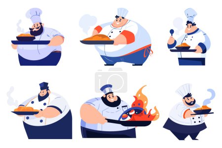 Ilustración de Cocinero con sobrepeso dibujado a mano cocinando en la cocina en estilo plano aislado sobre fondo - Imagen libre de derechos