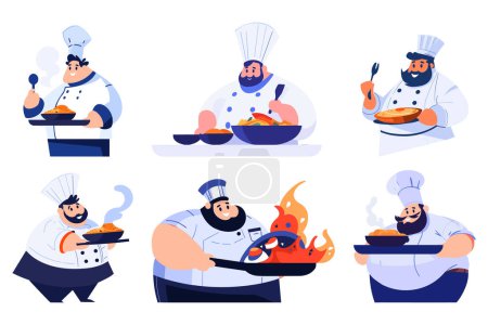 Téléchargez les illustrations : Dessiné à la main Chef en surpoids cuisine dans un style plat isolé sur fond - en licence libre de droit