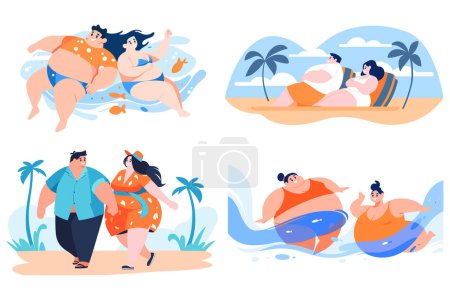 Illustration for Hand Drawn overweight tourists swimming in the sea in flat style isolated on background - Royalty Free Image