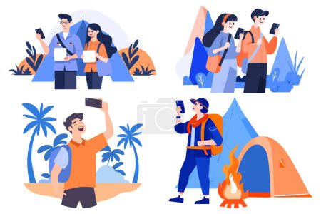 Téléchargez les illustrations : Touristes dessinés à la main se détendre au bord de la mer en vacances dans un style plat isolé en arrière-plan - en licence libre de droit