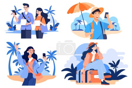 Illustration for Hand Drawn Tourists relaxing by the sea on vacation in flat style isolated on background - Royalty Free Image