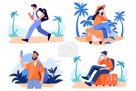 Téléchargez les illustrations : Touristes dessinés à la main se détendre au bord de la mer en vacances dans un style plat isolé en arrière-plan - en licence libre de droit