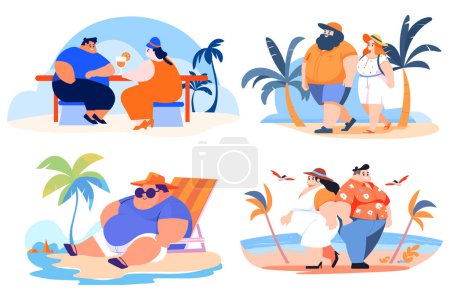 Illustration for Hand Drawn overweight Tourists relaxing by the sea on vacation in flat style isolated on background - Royalty Free Image