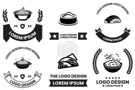 Téléchargez les illustrations : Nourriture japonaise ou logo alimentaire chinois dans un style d'art plat isolé sur fond - en licence libre de droit