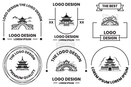 Téléchargez les illustrations : Bâtiment chinois ou bâtiment japonais logo en style art plat isolé sur fond - en licence libre de droit
