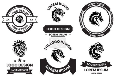 Ilustración de Logo de dragón en estilo de arte de línea plana aislado sobre fondo - Imagen libre de derechos