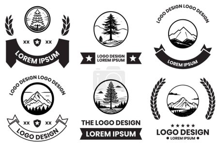 Illustration for Pine and mountain logo in flat line art style isolated on background - Royalty Free Image