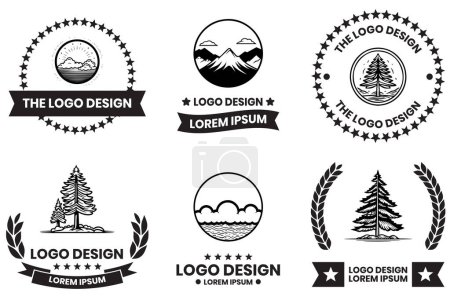 Ilustración de Logotipo de pino y montaña en estilo de arte de línea plana aislado sobre fondo - Imagen libre de derechos