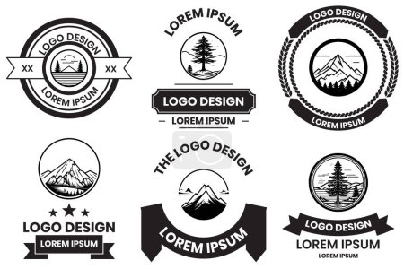 Ilustración de Logotipo de pino y montaña en estilo de arte de línea plana aislado sobre fondo - Imagen libre de derechos